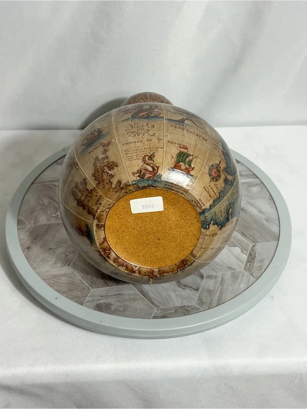 Vintage Decanter Bottle Old World Map Globe Design Wood Stopper 11”